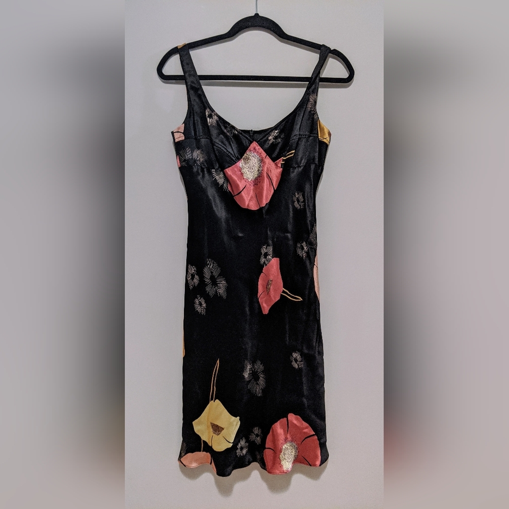 Jones New York 90s Y2K Black Satin Floral Knee-Length Dress size 6